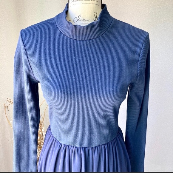 Altar’d State Blue Fit N Flare High Neck Modest Long sleeve Dress Medium - Picture 3 of 11